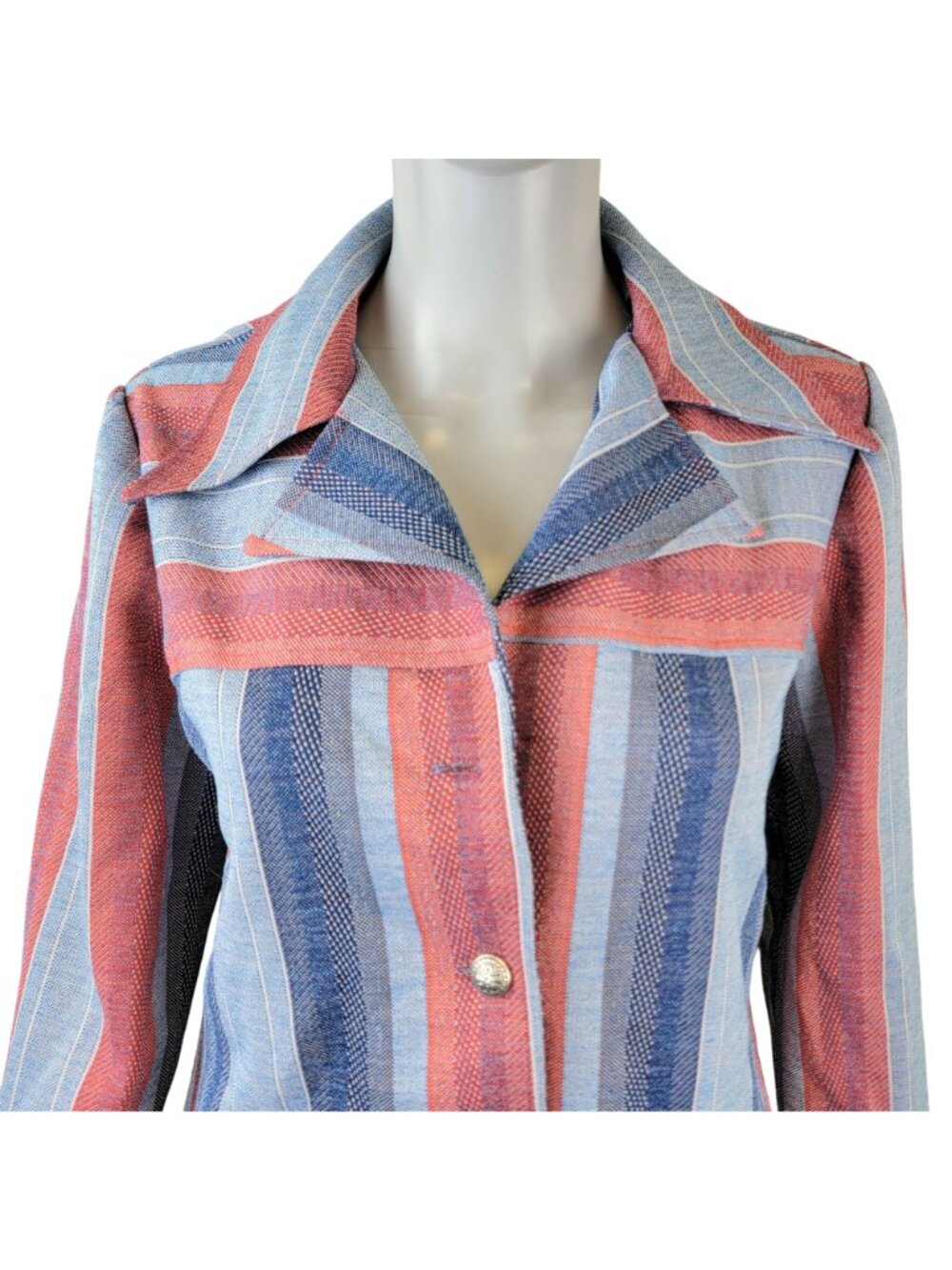 Vintage 70s Stripe Shirt Jacket Women Medium Pink Blue Collar Button Lightweight - Picture 7 of 16